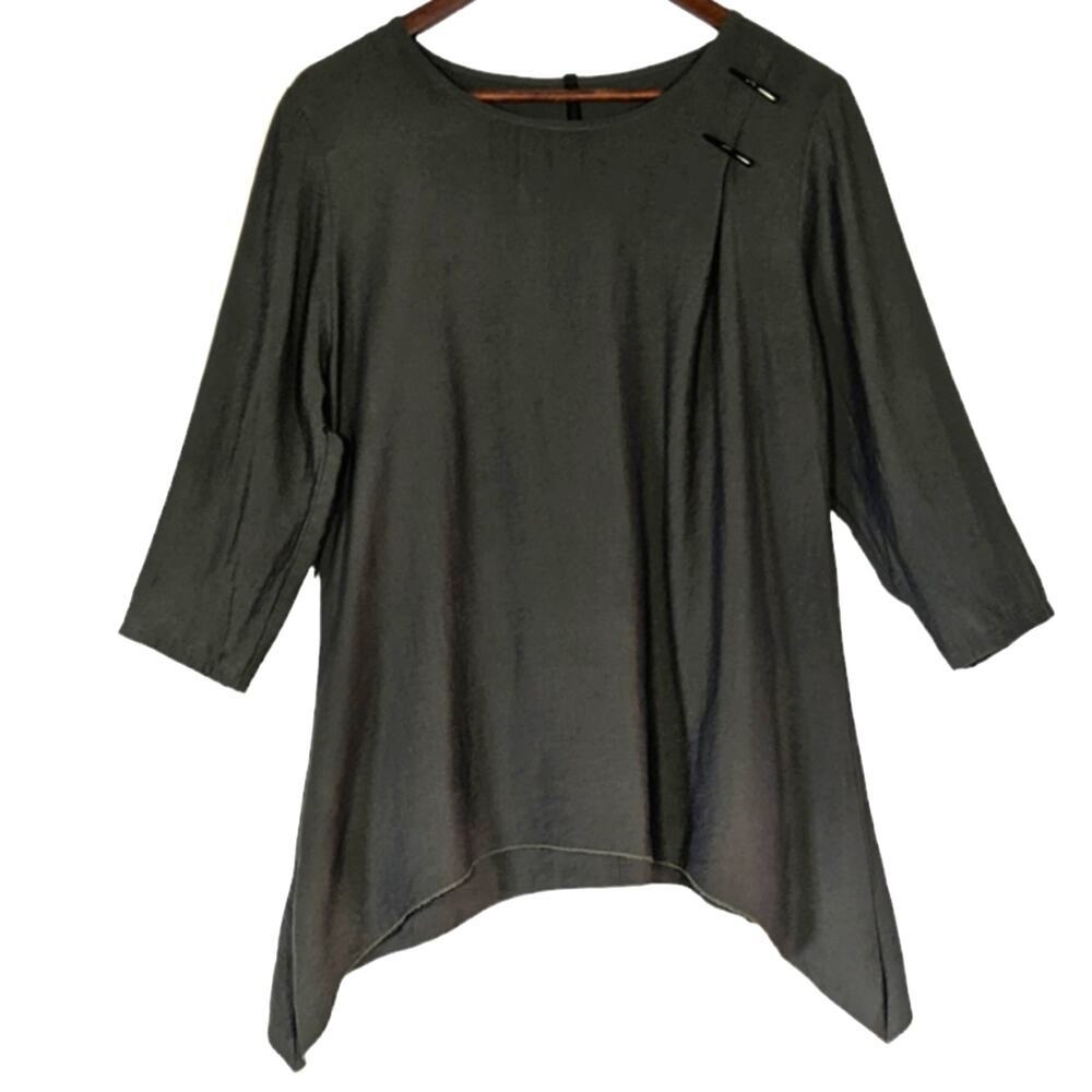 IC by Connie K Top Lagenlook Linen Shirt Green Tunic Medium Art to Wear Artsy M